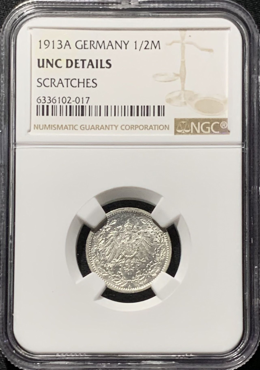 紫瑗钱币——第164期拍卖 德国 1913年 A版 第二帝国 1/2马克 银币 NGC UNC Detail