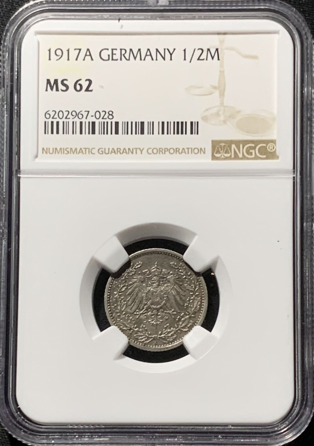 紫瑗钱币——第164期拍卖 德国 1917年 A版 第二帝国 1/2马克 银币 NGC MS62 漆黑包浆