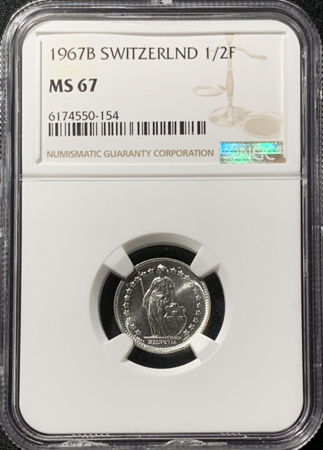 紫瑗钱币——第164期拍卖 瑞士 1967年 赫尔维蒂亚 1/2法郎 银币 NGC MS67