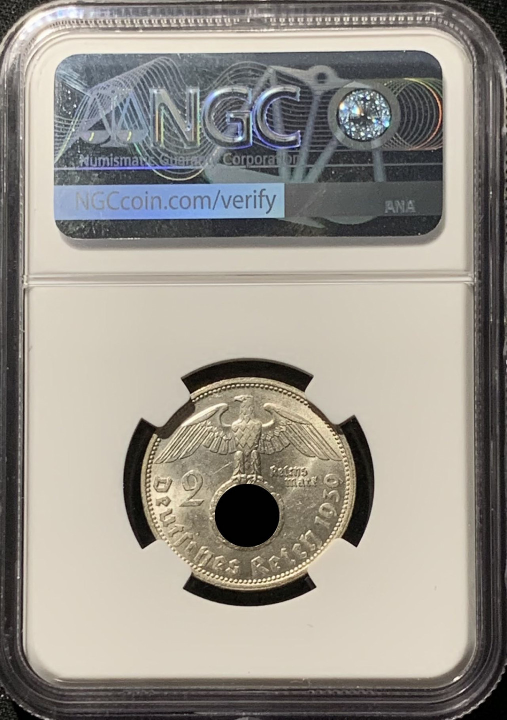 紫瑗钱币——第164期拍卖 德国 1939年 D版 兴登堡 字符版 2马克 银币 NGC MS63