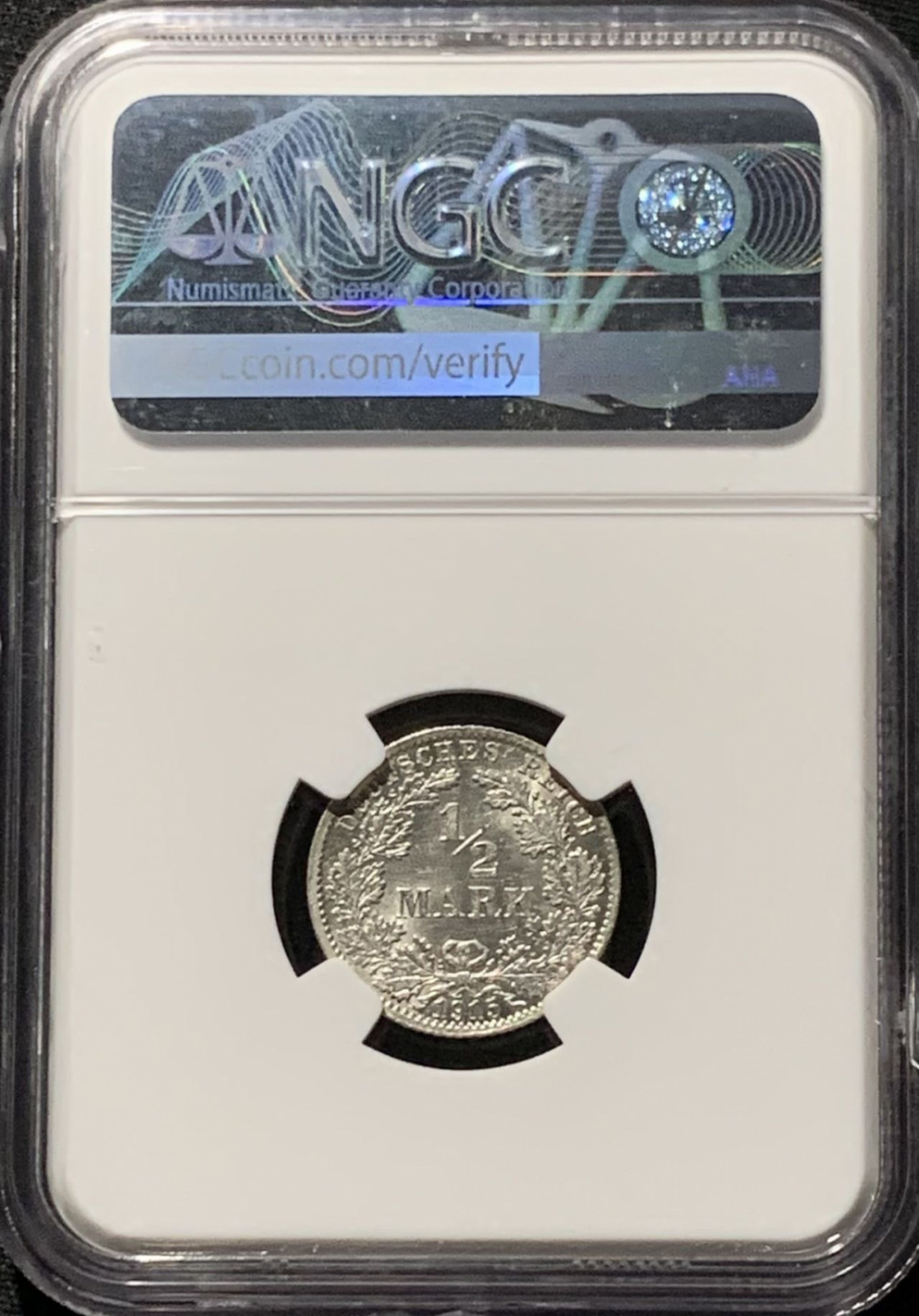 紫瑗钱币——第164期拍卖 德国 1915年 D版 第二帝国 1/2马克 银币 NGC MS63