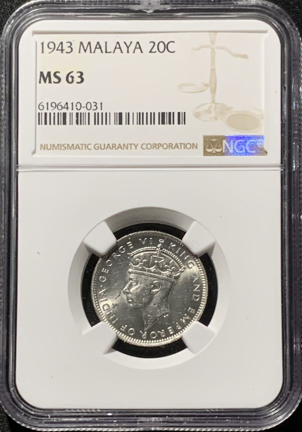 紫瑗钱币——第164期拍卖 马来亚 1943年 乔治六世 20分 银币 NGC MS63