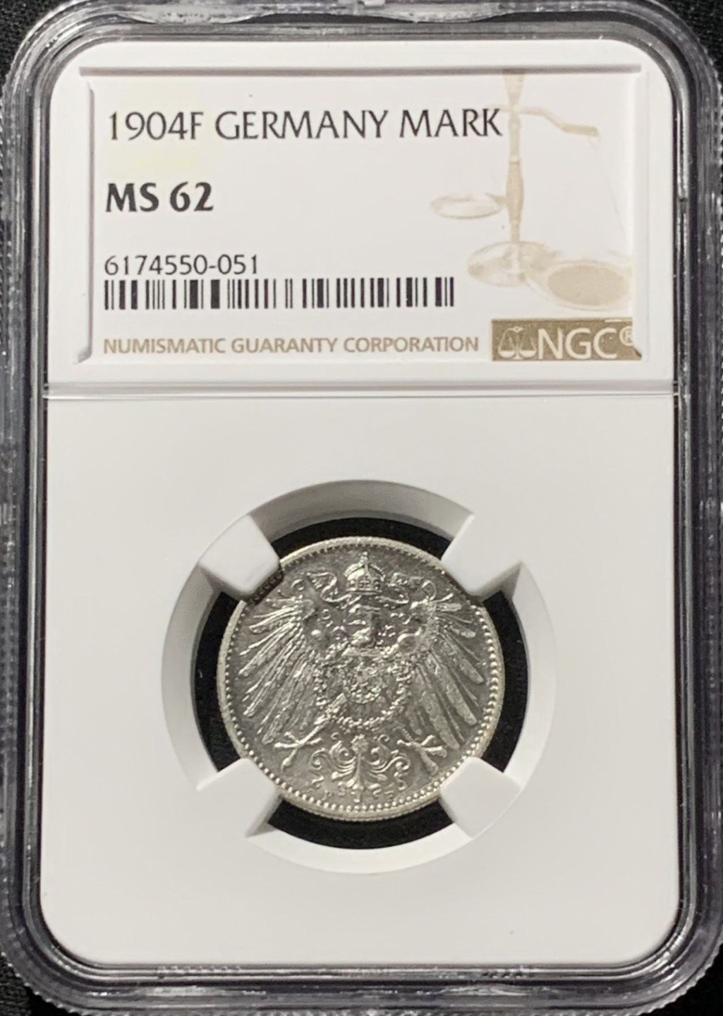紫瑗钱币——第164期拍卖 德国 1904年 F版 第二帝国 长翅 1马克 银币 NGC MS62