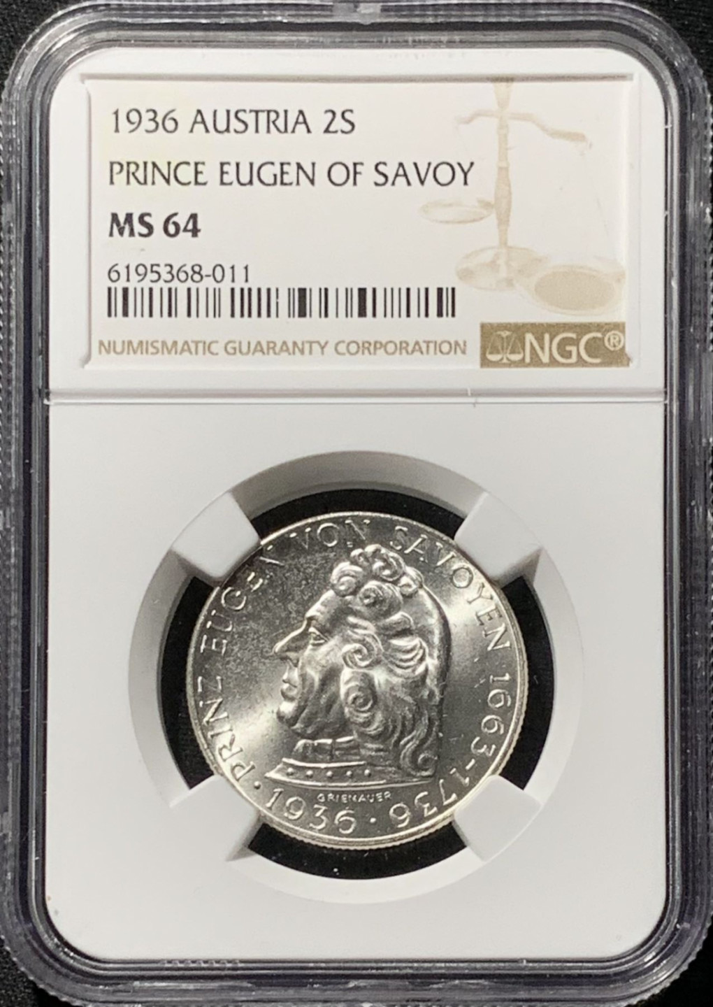 紫瑗钱币——第164期拍卖 奥地利 1936年 萨沃伊王子 2先令 银币 NGC MS64