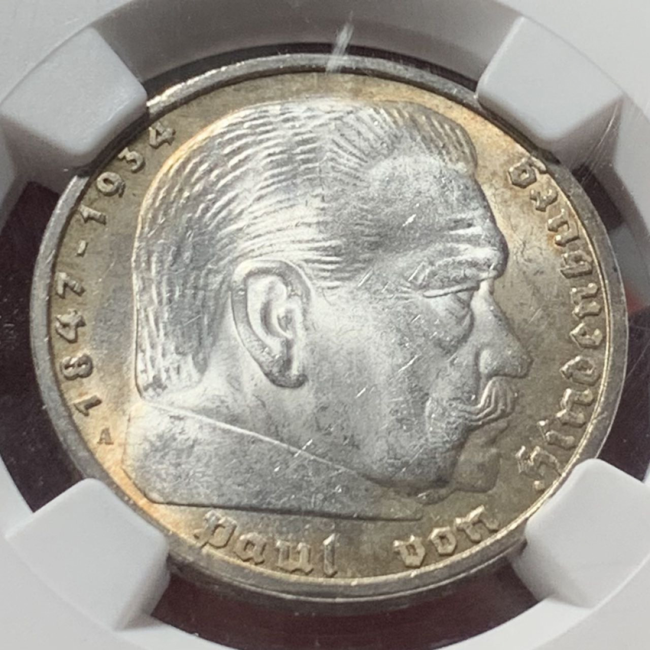 紫瑗钱币——第164期拍卖 德国 1938年 A版 兴登堡 字符版 5马克 银币 NGC MS63 环彩
