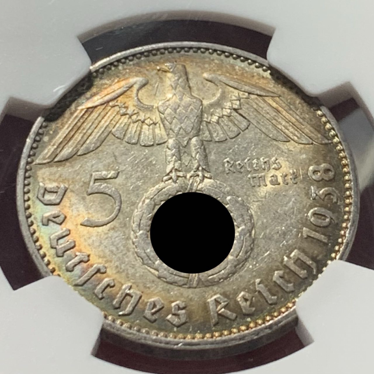 紫瑗钱币——第164期拍卖 德国 1938年 J版 兴登堡 字符版 5马克 银币 NGC MS62 环彩