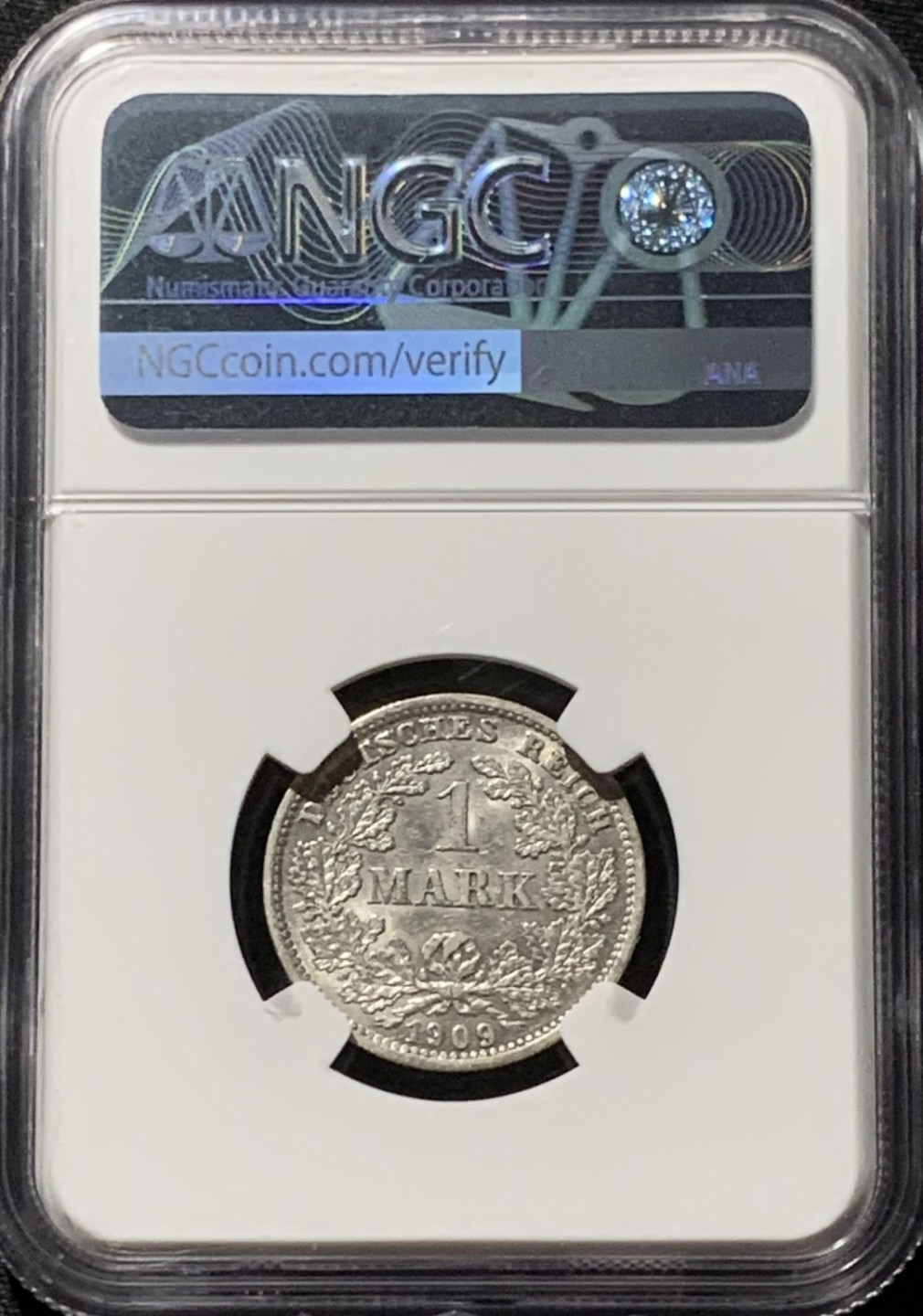 紫瑗钱币——第164期拍卖 德国 1909年 D版 第二帝国 长翅 1马克 银币 NGC MS62