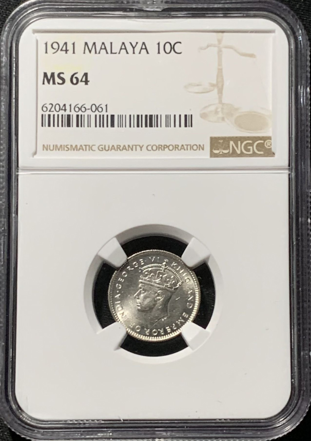 紫瑗钱币——第164期拍卖 马来亚 1941年 乔治六世 10分 银币 NGC MS64