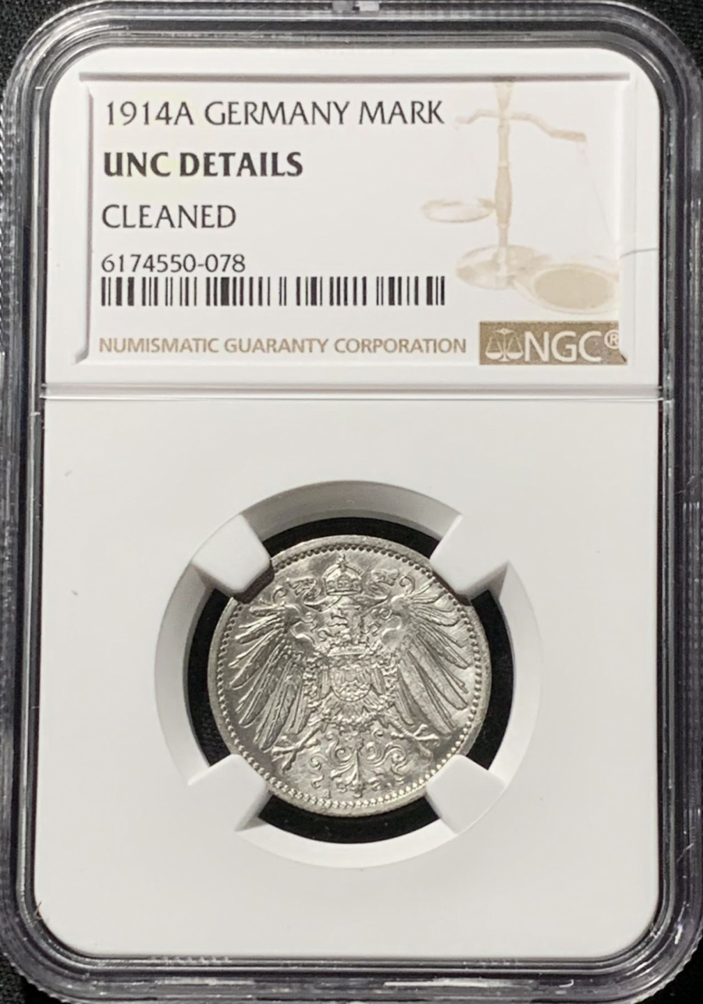 紫瑗钱币——第164期拍卖 德国 1914年 A版 第二帝国 长翅 1马克 银币 NGC UNC Detail