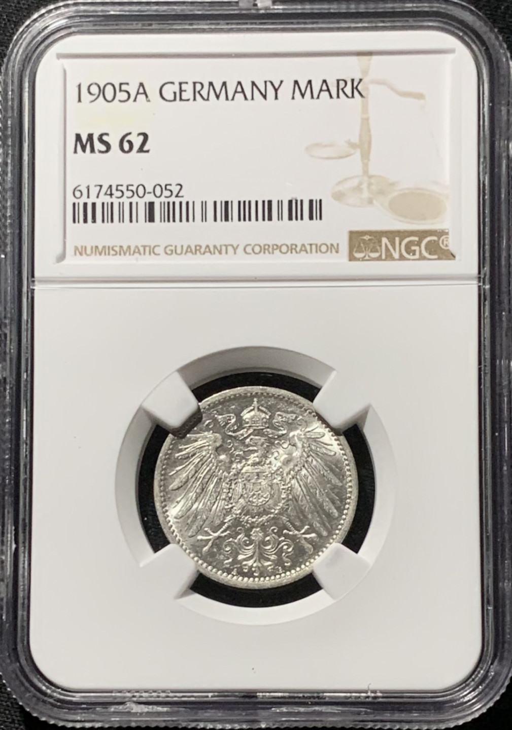 紫瑗钱币——第164期拍卖 德国 1905年 A版 第二帝国 长翅 1马克 银币 NGC MS62