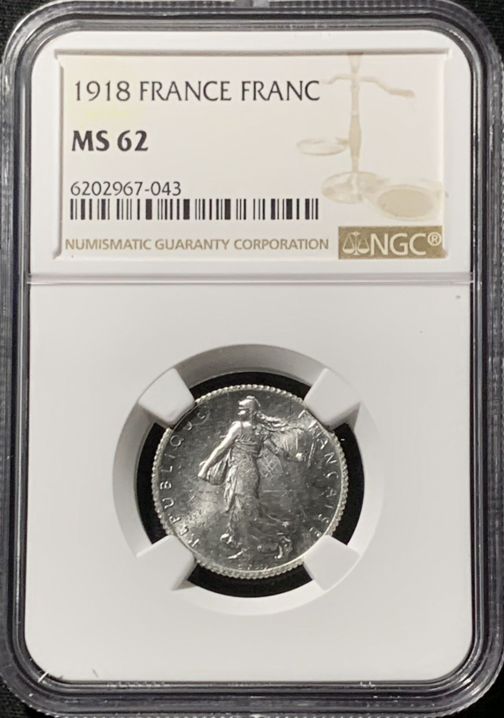 紫瑗钱币——第164期拍卖 法国 1918年 播种女神 1法郎 银币 NGC MS62