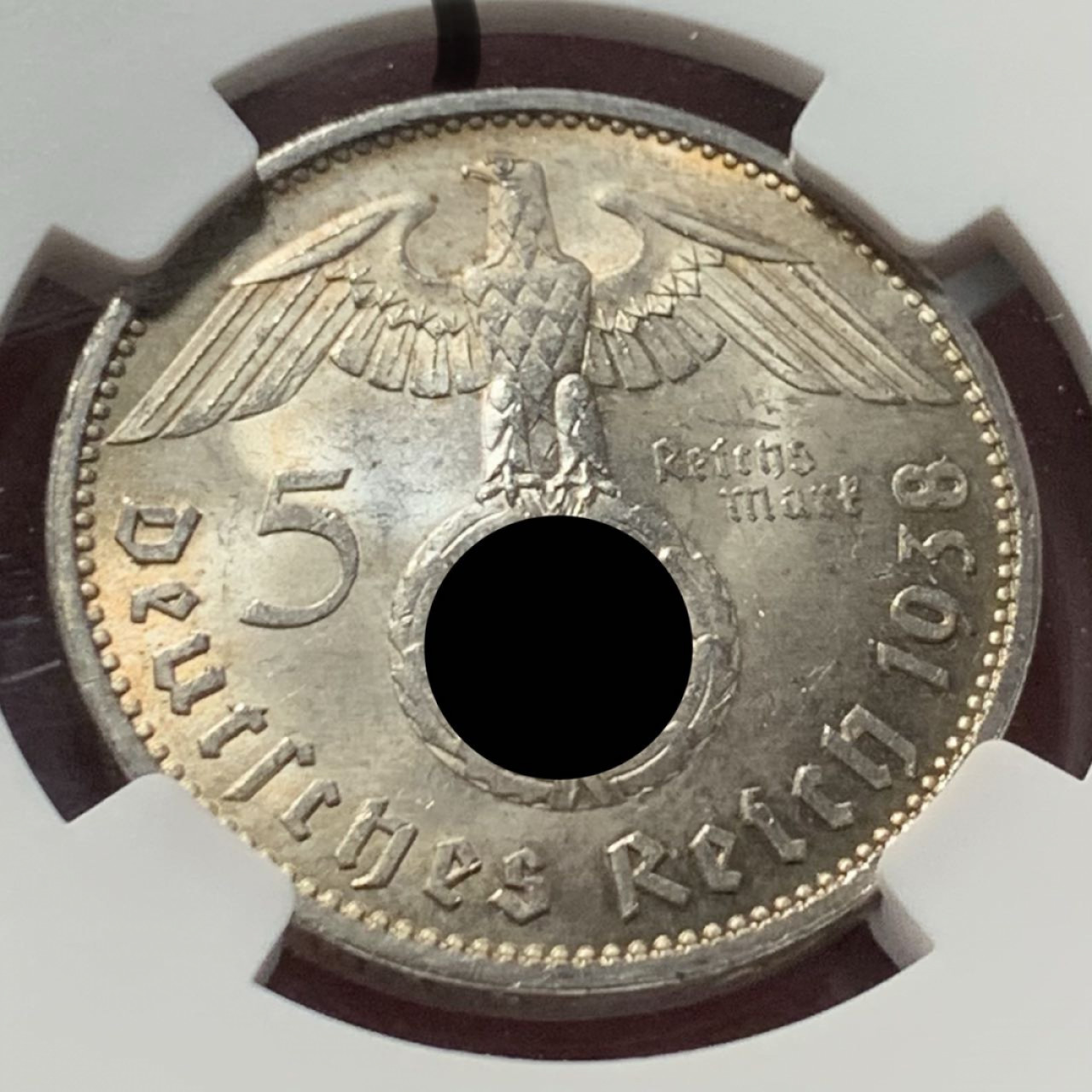 紫瑗钱币——第164期拍卖 德国 1938年 A版 兴登堡 字符版 5马克 银币 NGC MS63 环彩