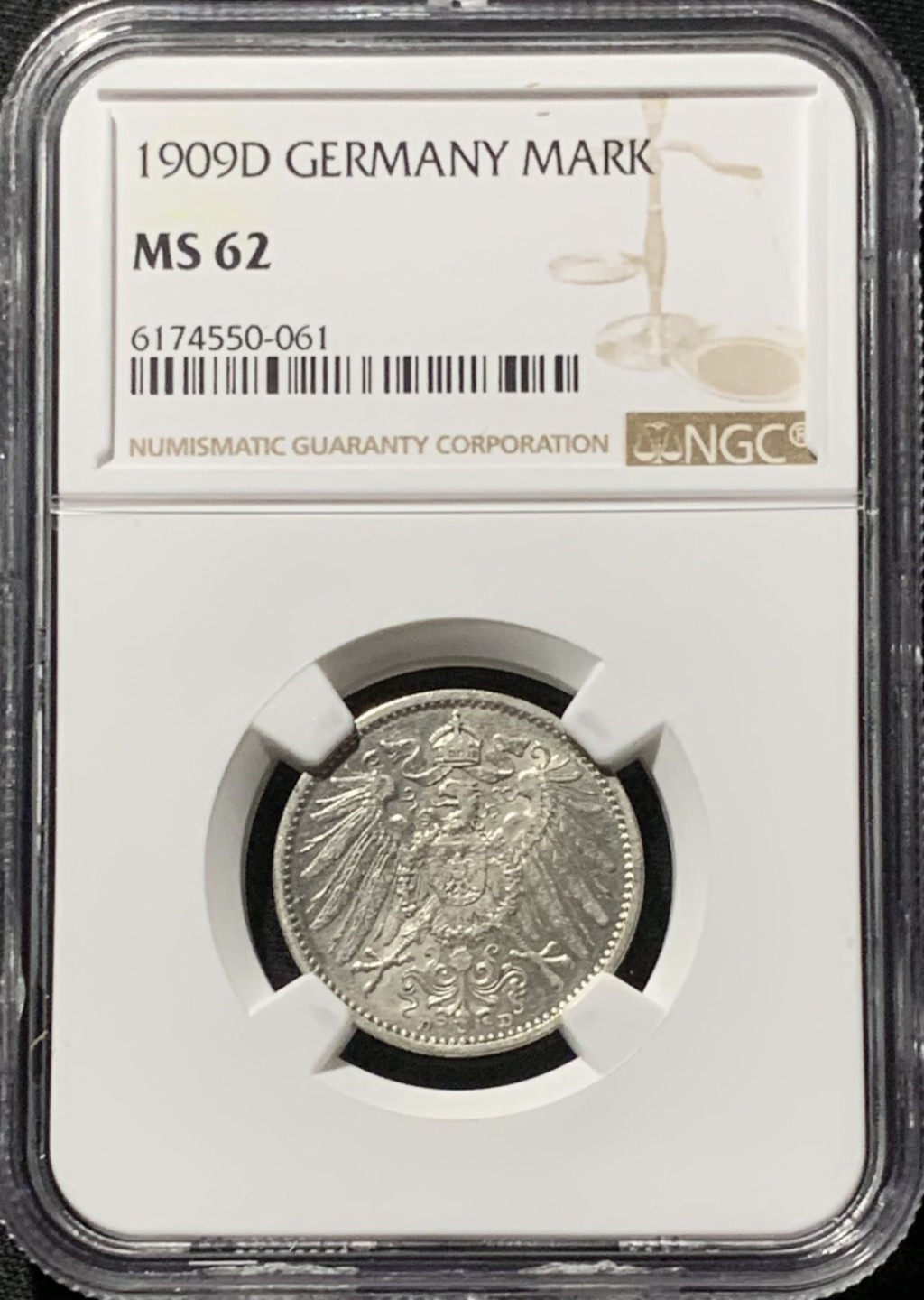 紫瑗钱币——第164期拍卖 德国 1909年 D版 第二帝国 长翅 1马克 银币 NGC MS62