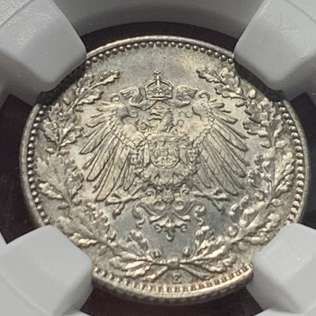紫瑗钱币——第164期拍卖 德国 1918年 E版 第二帝国 1/2马克 银币 NGC MS65