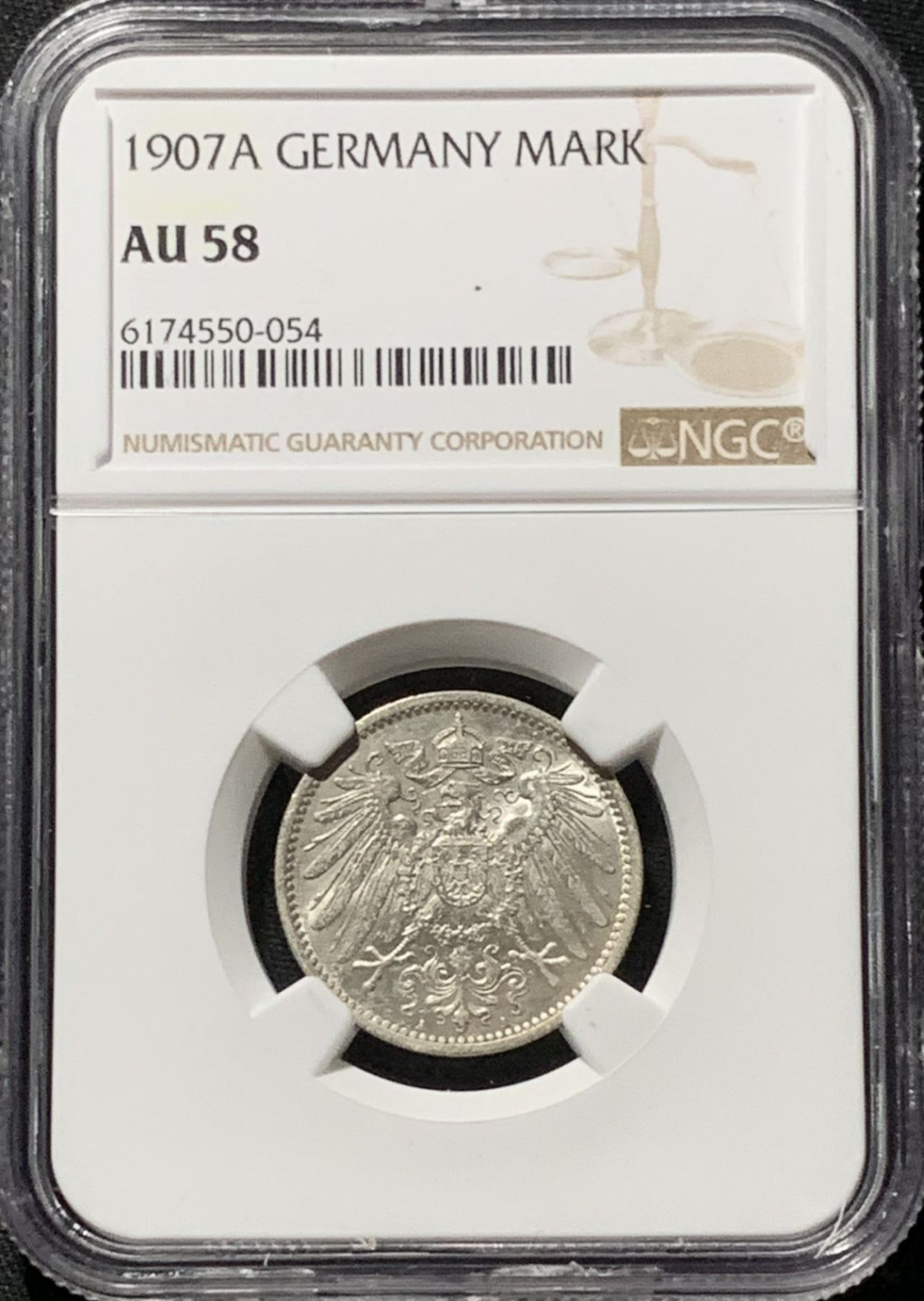 紫瑗钱币——第164期拍卖 德国 1907年 A版 第二帝国 长翅 1马克 银币 NGC AU58