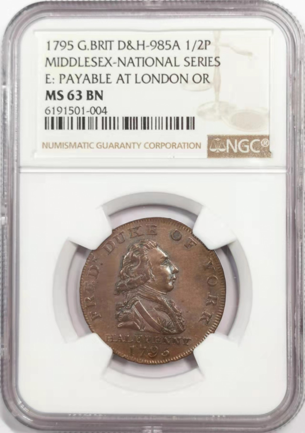 凡希社世界钱币微拍第一百八十四期 1795米德尔塞克斯1/2便士TKN NGC-MS63