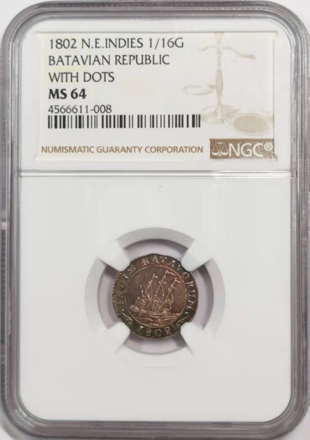 凡希社世界钱币微拍第一百八十四期 1802荷属东印度1/16盾NGC-MS64五彩！