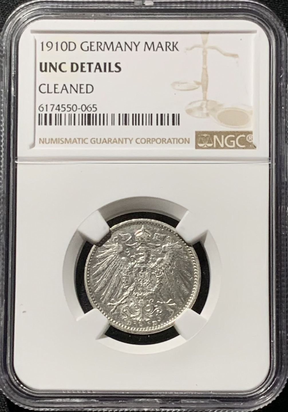 紫瑗钱币——第164期拍卖 德国 1910年 D版 第二帝国 长翅 1马克 银币 NGC UNC Detail