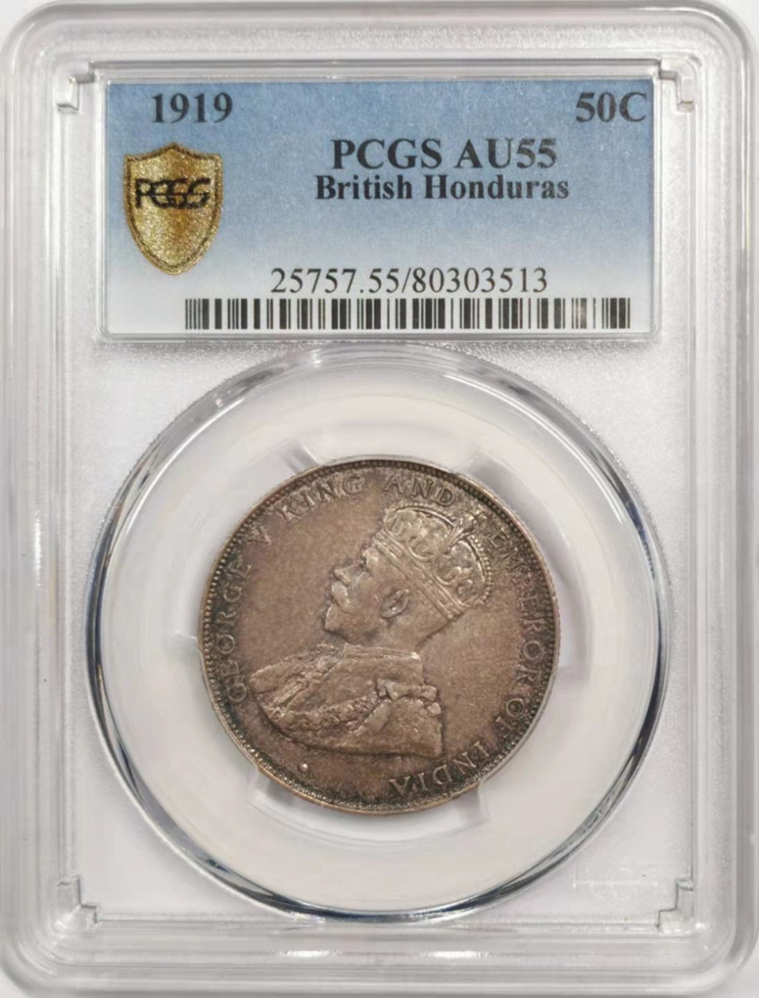 凡希社世界钱币微拍第一百八十四期 荐！1919英属洪都拉斯乔五50分PCGS-AU55