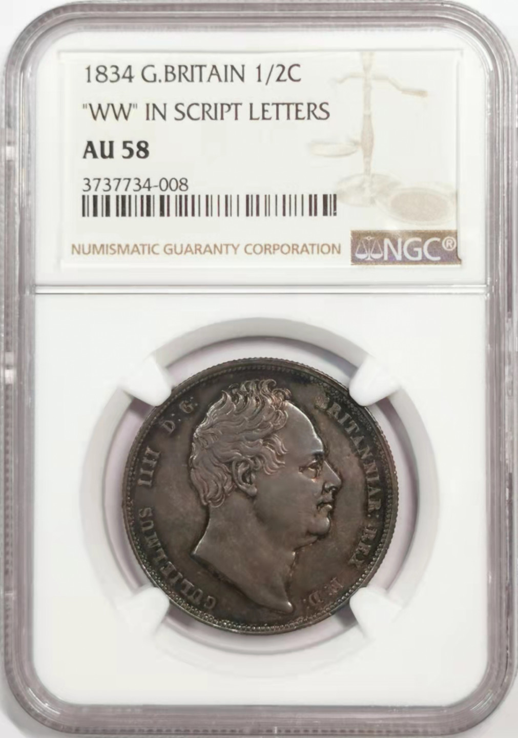 凡希社世界钱币微拍第一百八十四期 1834英国威廉四世半克朗NGC-AU58黑彩！
