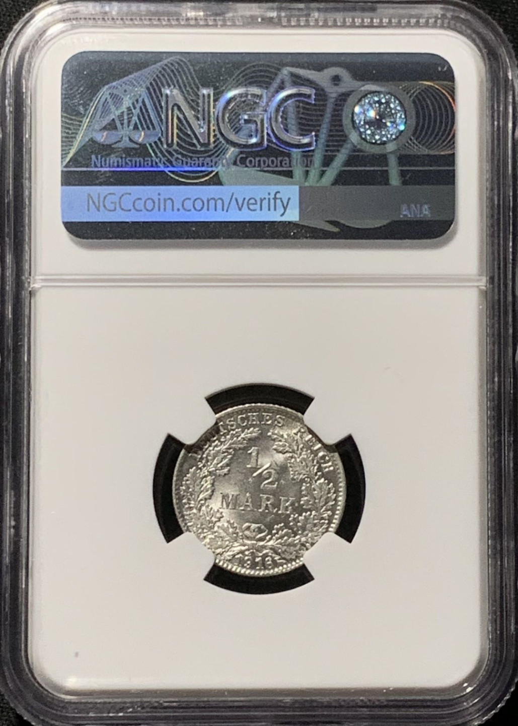 紫瑗钱币——第164期拍卖 德国 1916年 D版 第二帝国 1/2马克 银币 NGC MS63