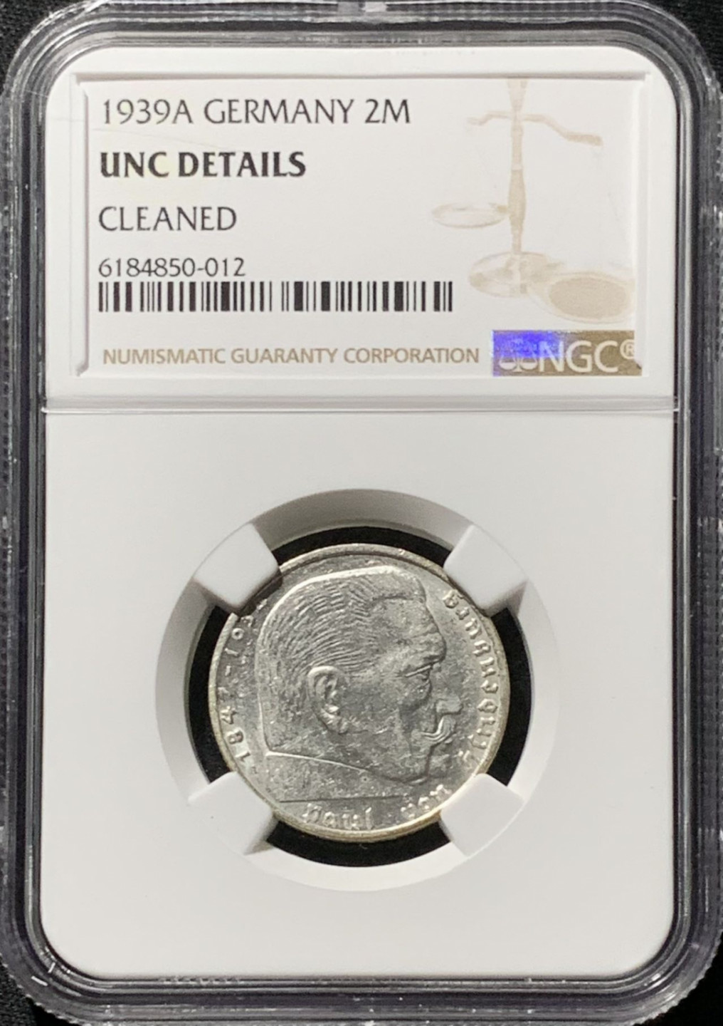 紫瑗钱币——第164期拍卖 德国 1939年 A版 兴登堡 字符版 2马克 银币 NGC UNC Detail