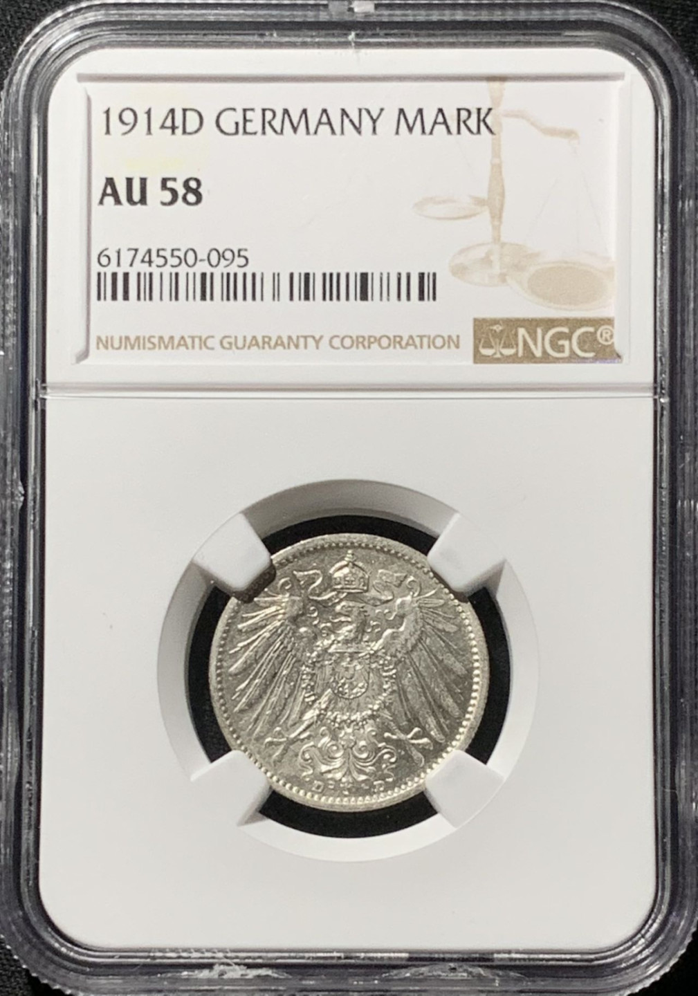 紫瑗钱币——第164期拍卖 德国 1914年 D版 第二帝国 长翅 1马克 银币 NGC AU58
