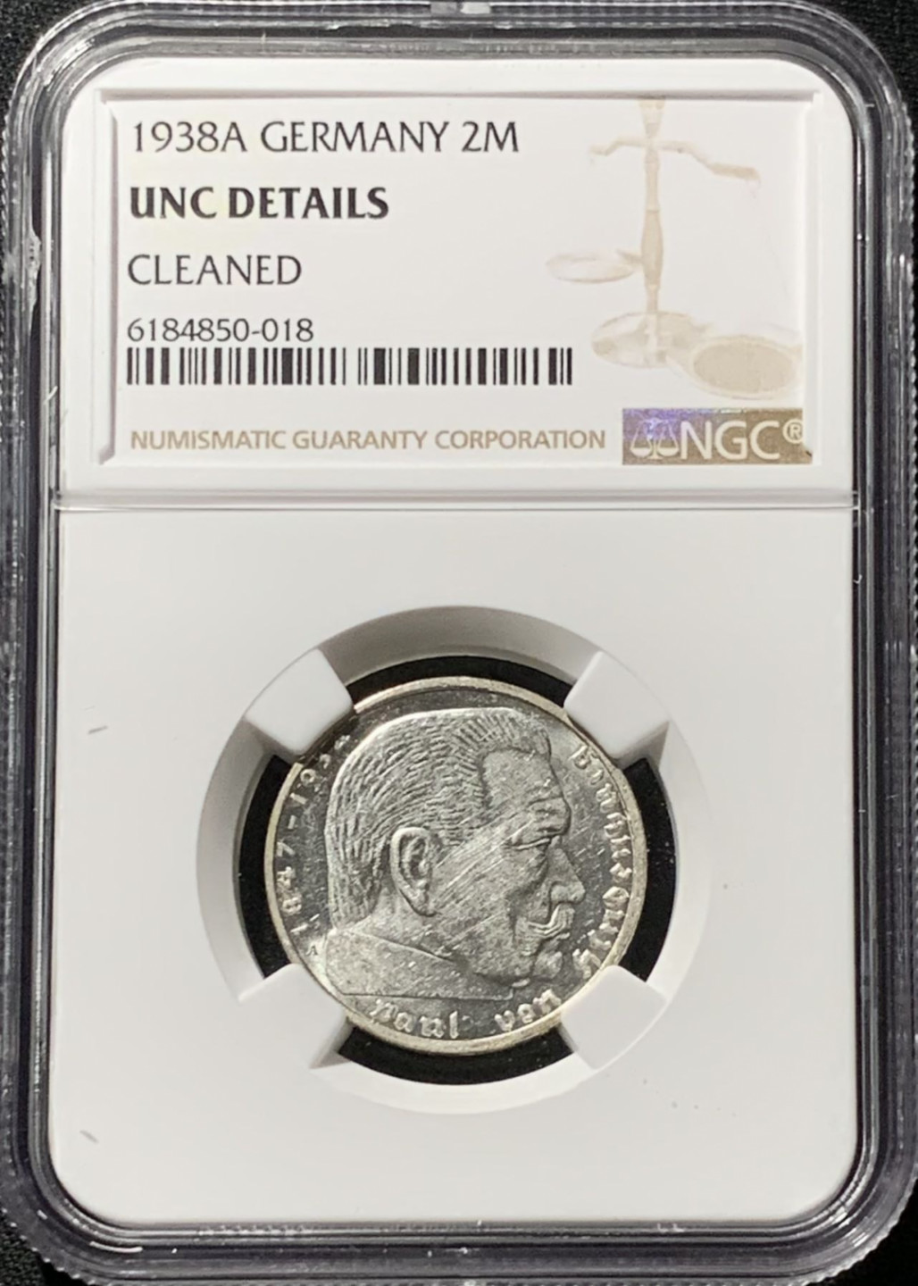 紫瑗钱币——第164期拍卖 德国 1938年 A版 兴登堡 字符版 2马克 银币 NGC UNC Detail