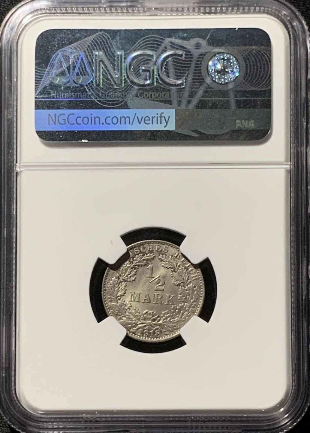 紫瑗钱币——第164期拍卖 德国 1918年 E版 第二帝国 1/2马克 银币 NGC MS65