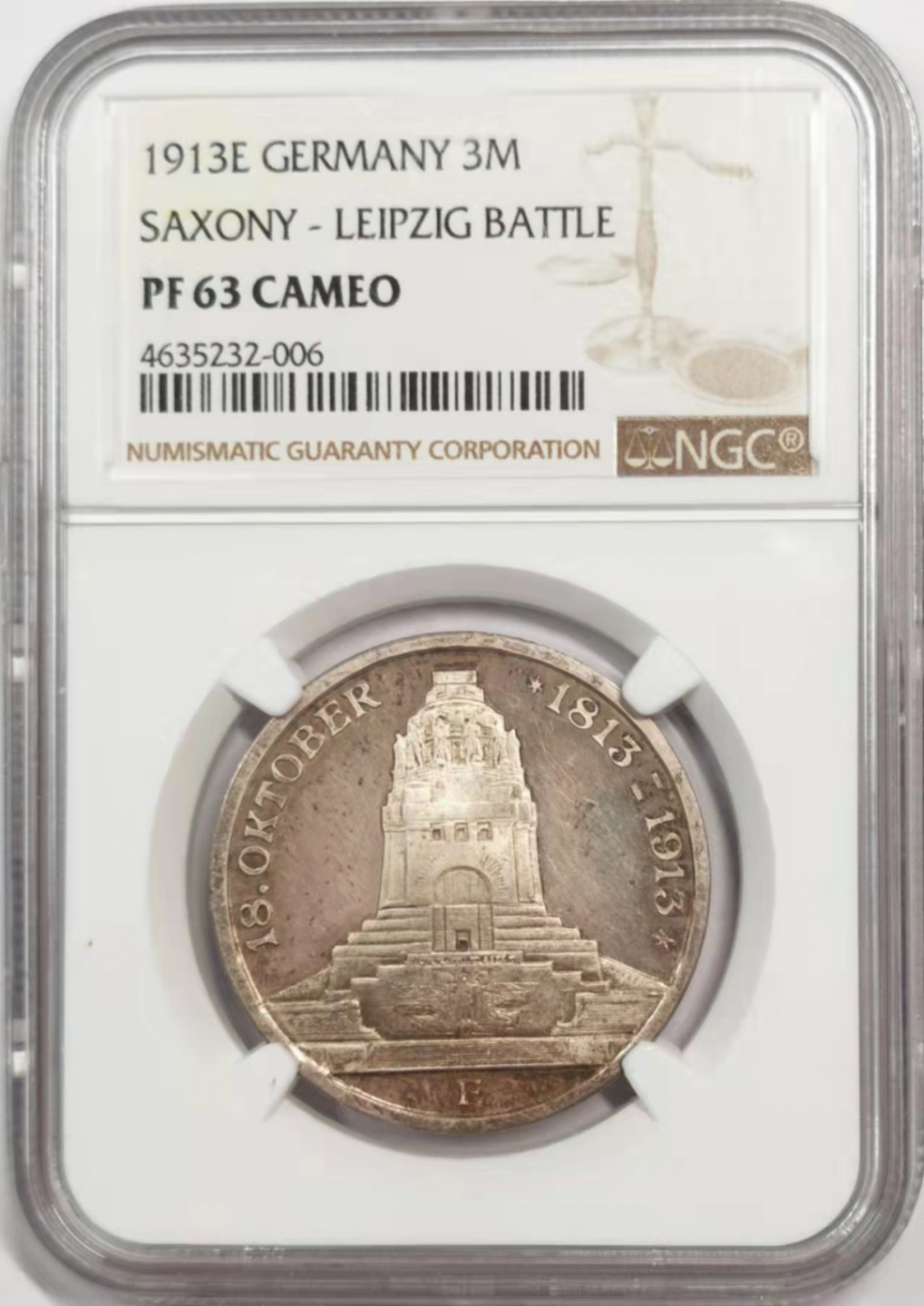 凡希社世界钱币微拍第一百八十四期 1913萨克森精铸3马克NGC-PF63CAMEO重喷砂！