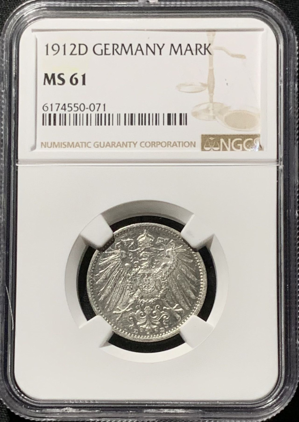 紫瑗钱币——第164期拍卖 德国 1912年 D版 第二帝国 长翅 1马克 银币 NGC MS61