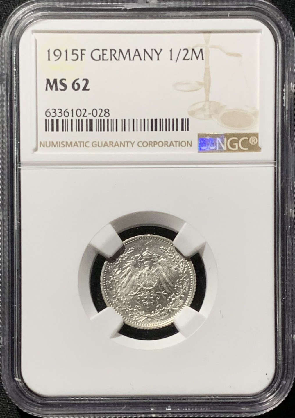 紫瑗钱币——第164期拍卖 德国 1915年 F版 第二帝国 1/2马克 银币 NGC MS62