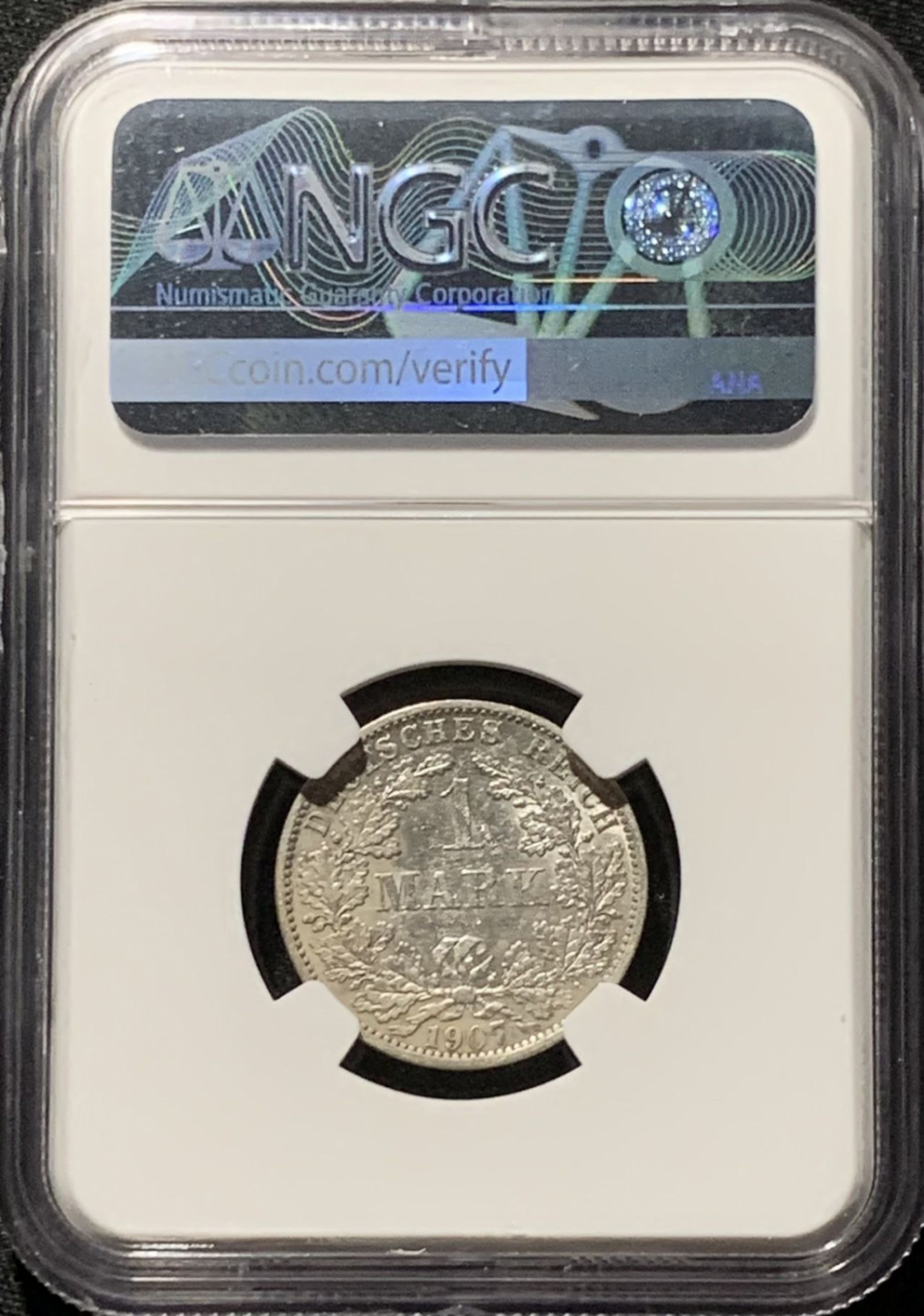 紫瑗钱币——第164期拍卖 德国 1907年 A版 第二帝国 长翅 1马克 银币 NGC AU58