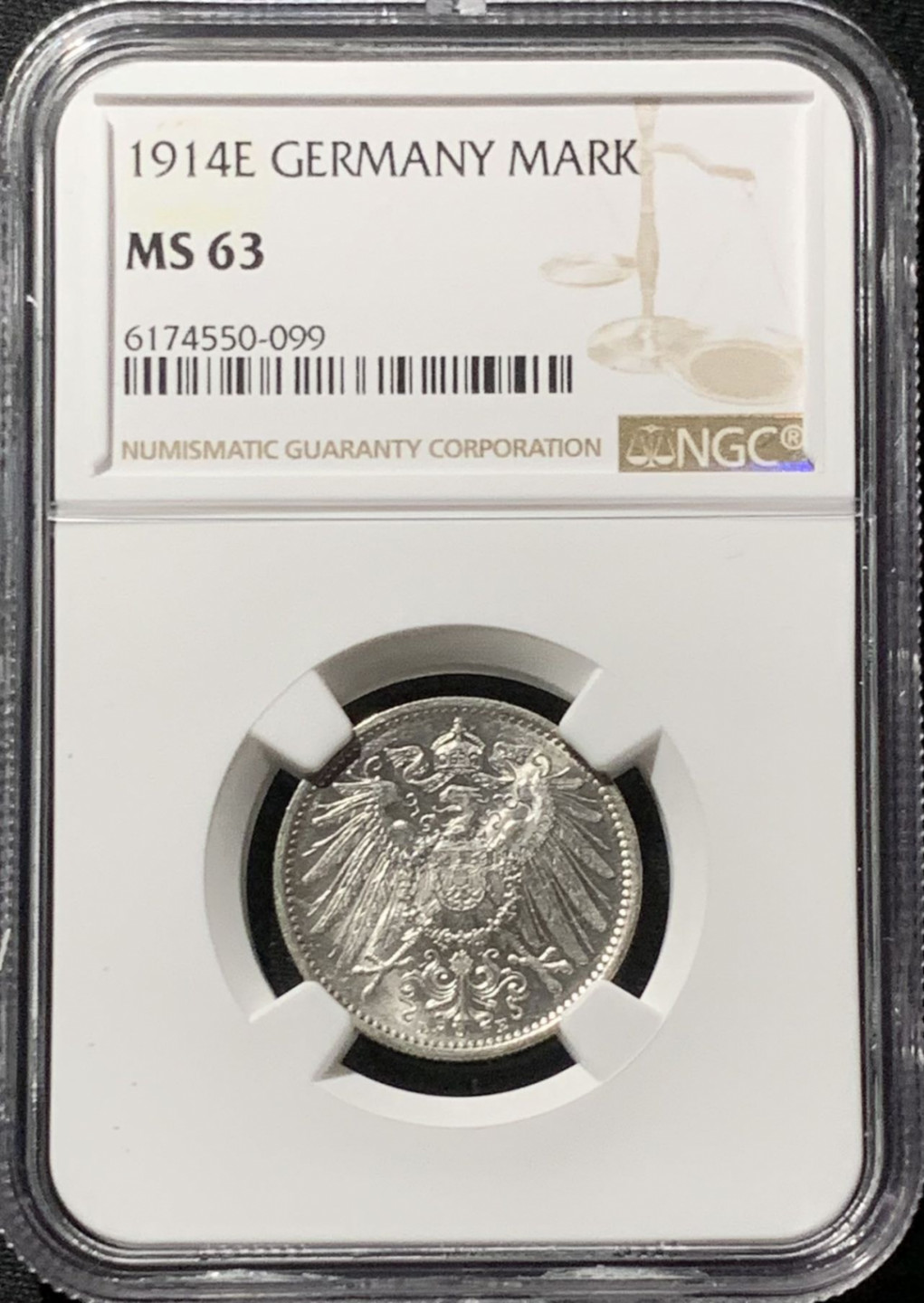 紫瑗钱币——第164期拍卖 德国 1914年 E版 第二帝国 长翅 1马克 银币 NGC MS63