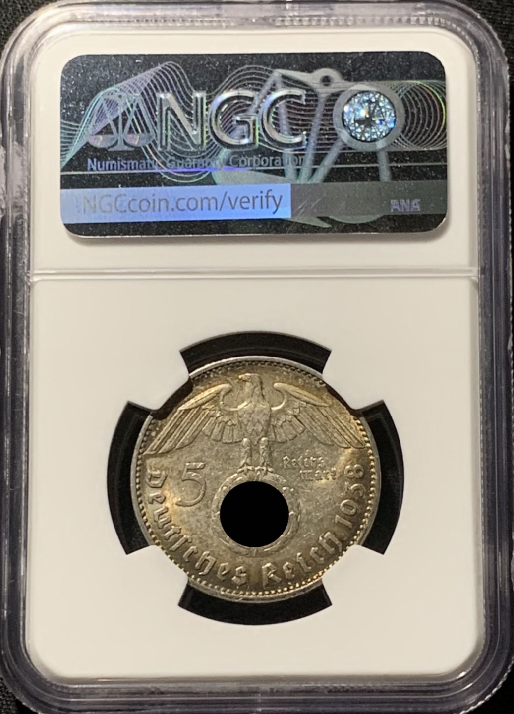 紫瑗钱币——第164期拍卖 德国 1938年 J版 兴登堡 字符版 5马克 银币 NGC MS62 环彩