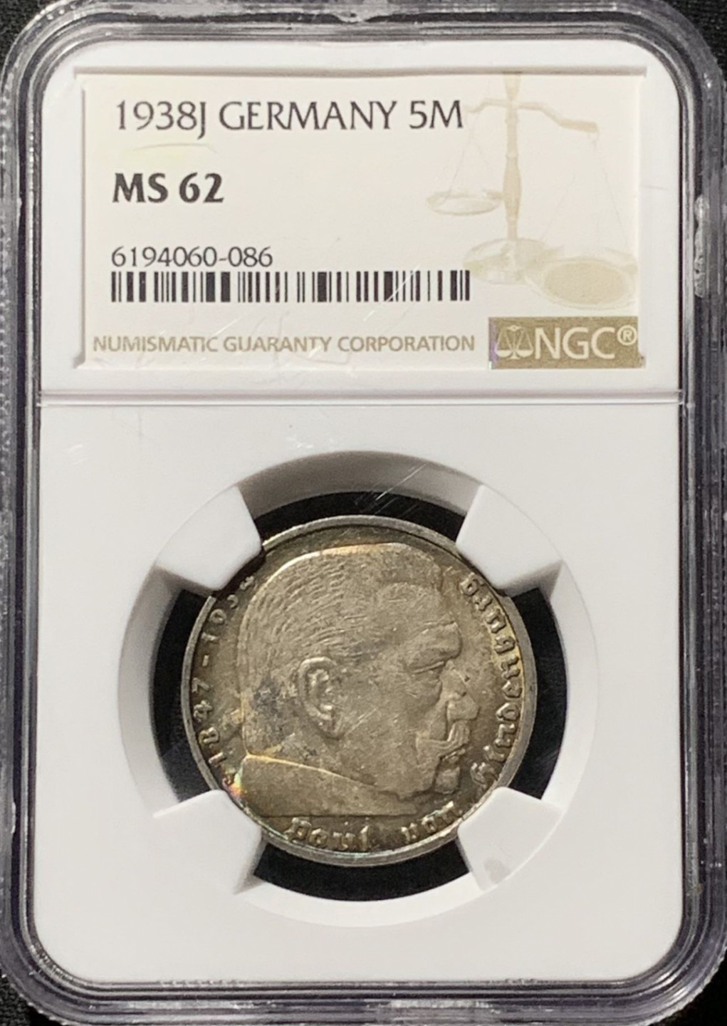 紫瑗钱币——第164期拍卖 德国 1938年 J版 兴登堡 字符版 5马克 银币 NGC MS62 环彩