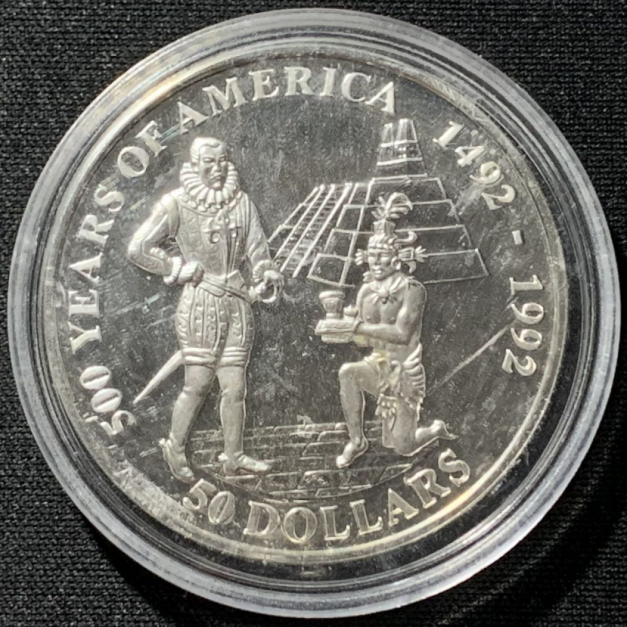 紫瑗钱币——第164期拍卖 库克群岛 1992年 发现美洲500周年 阿尔瓦拉多 50元 31.35克 0.925银 精制