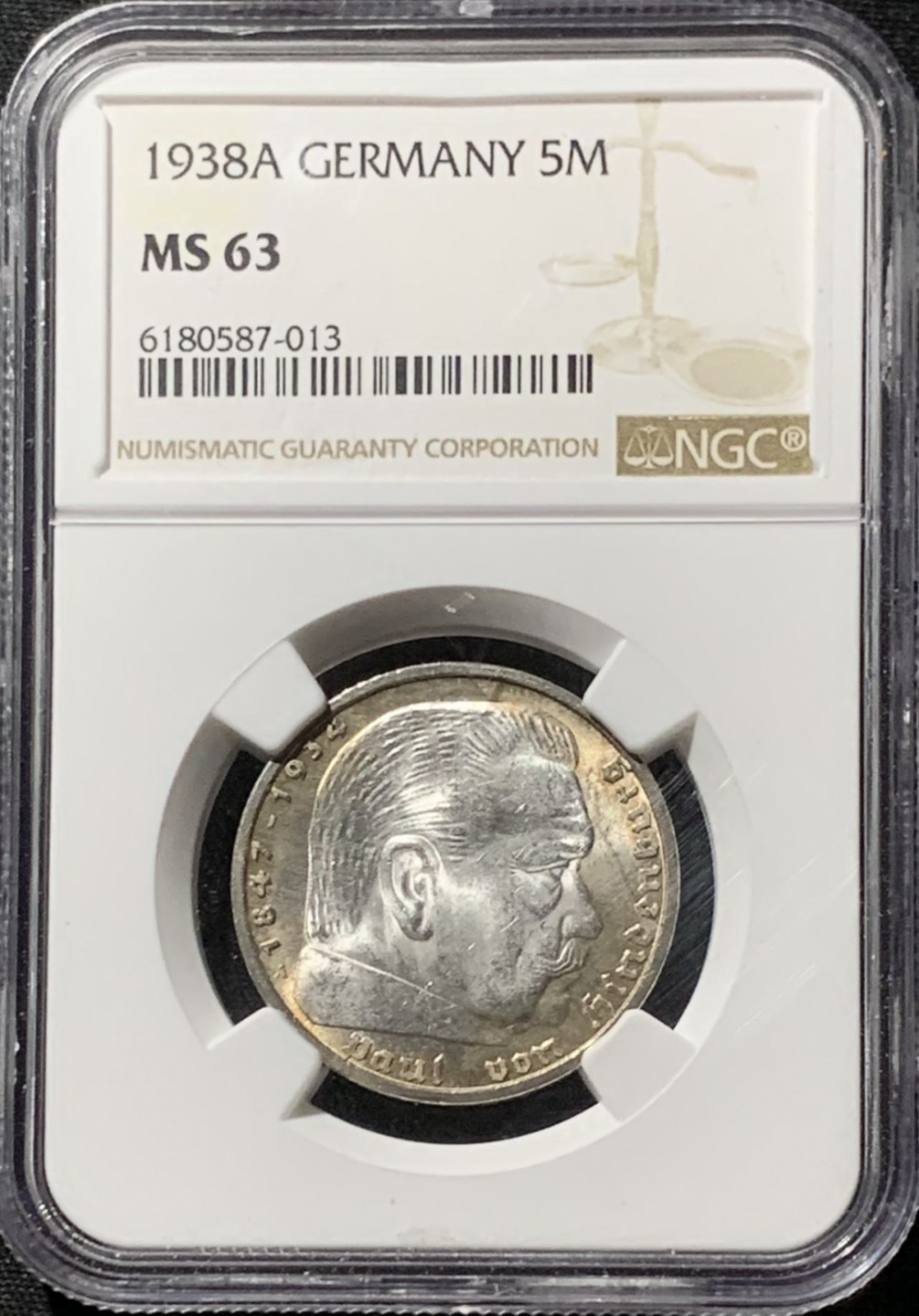 紫瑗钱币——第164期拍卖 德国 1938年 A版 兴登堡 字符版 5马克 银币 NGC MS63 环彩