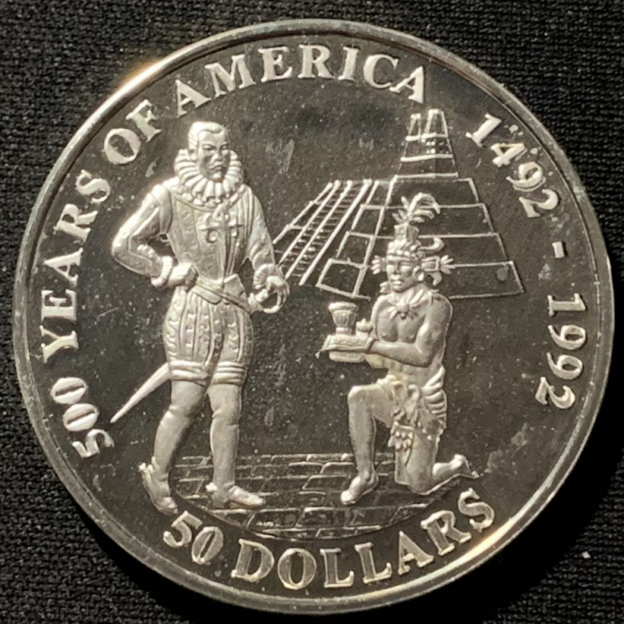 紫瑗钱币——第164期拍卖 库克群岛 1992年 发现美洲500周年 阿尔瓦拉多 50元 31.35克 0.925银 精制