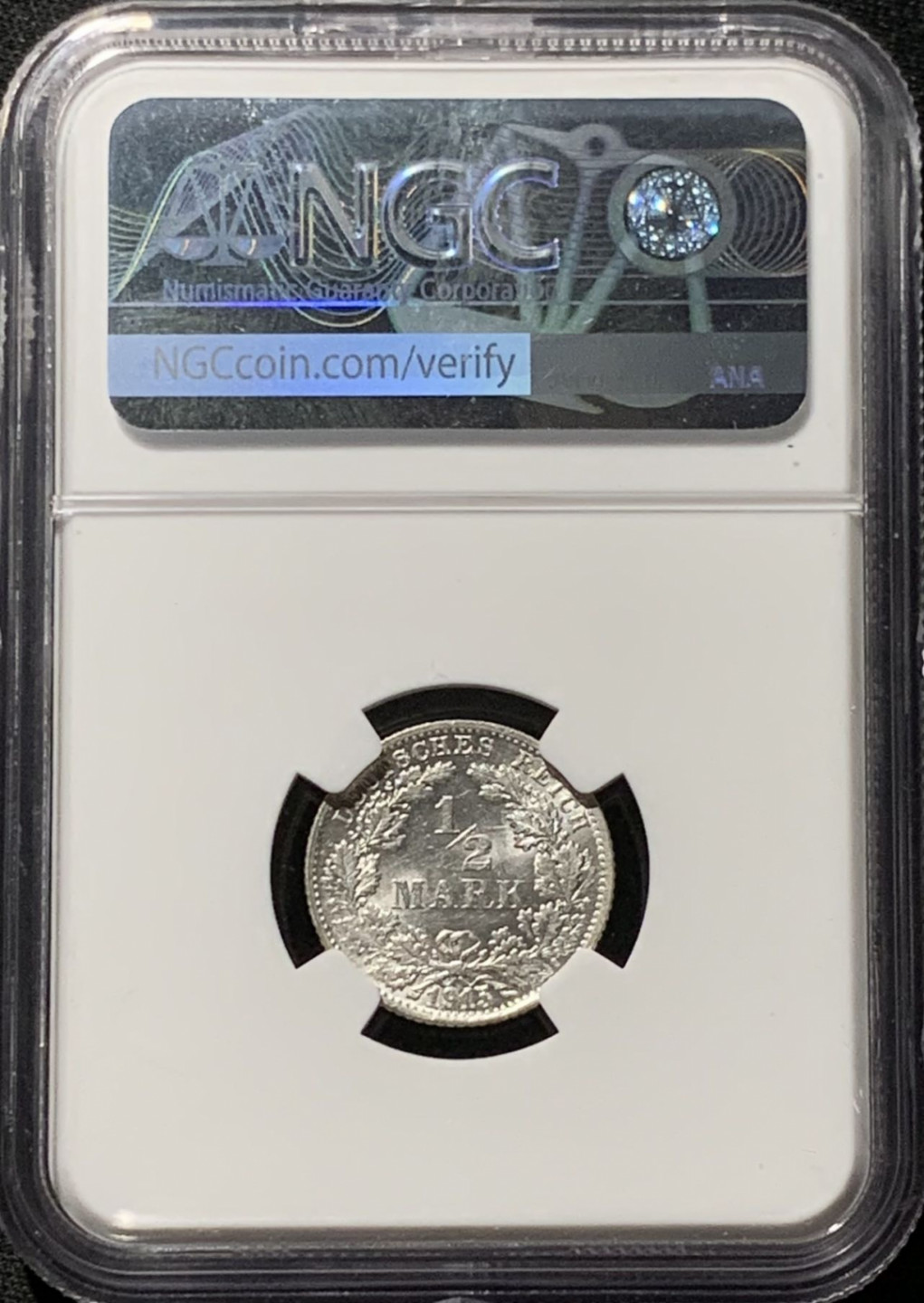 紫瑗钱币——第164期拍卖 德国 1915年 F版 第二帝国 1/2马克 银币 NGC MS62