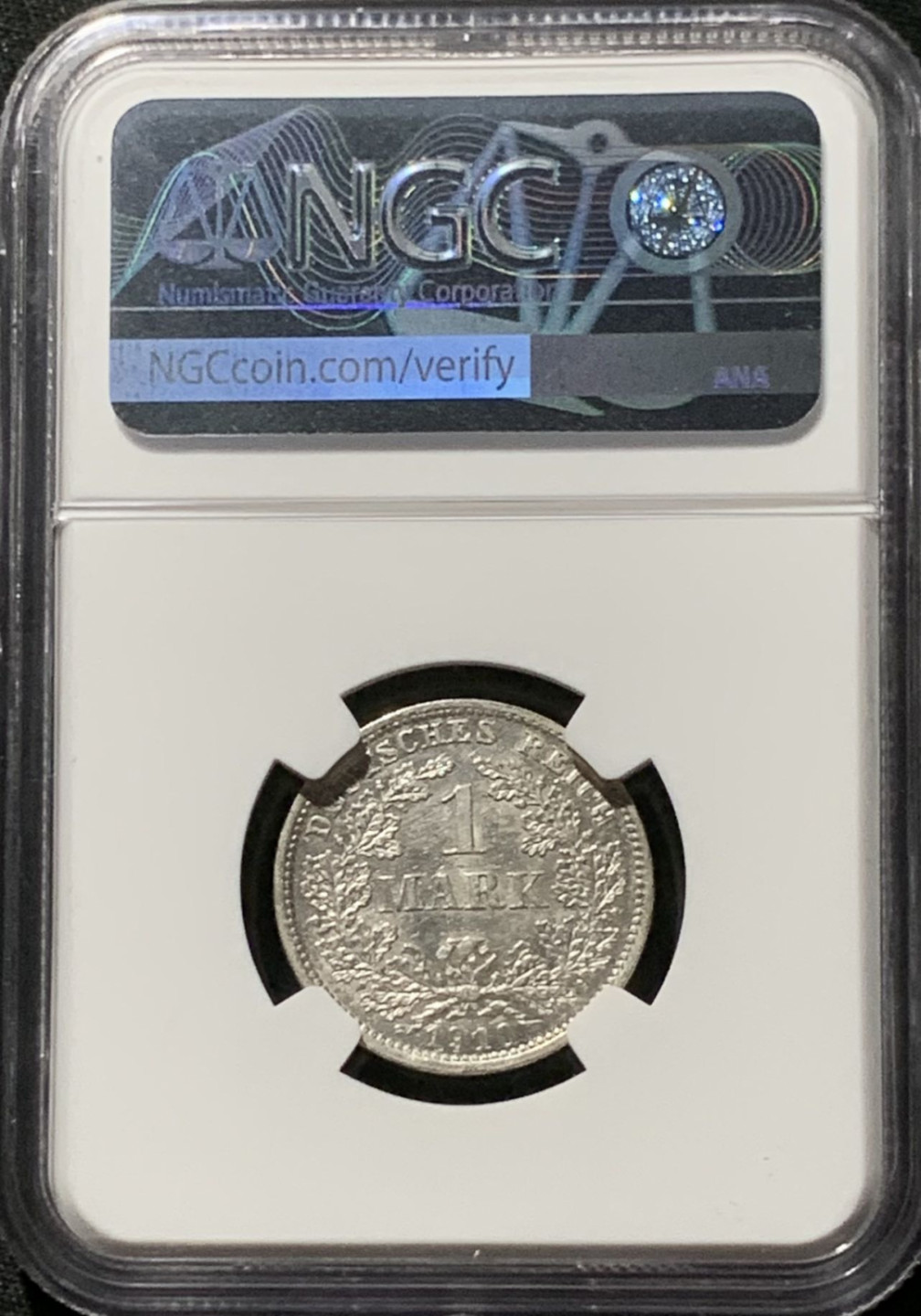 紫瑗钱币——第164期拍卖 德国 1910年 D版 第二帝国 长翅 1马克 银币 NGC UNC Detail
