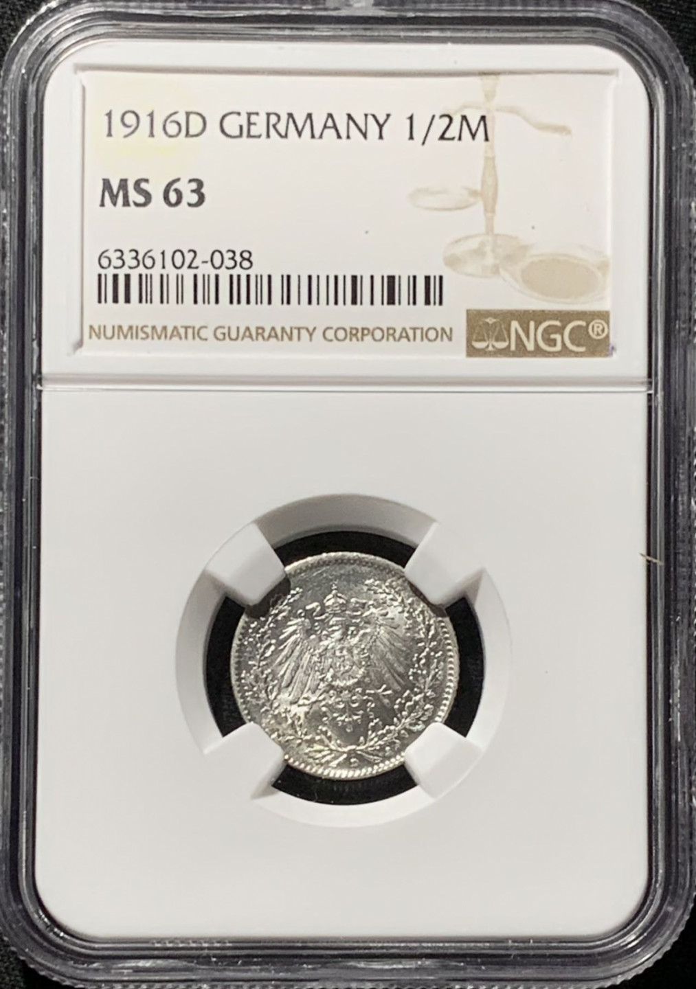 紫瑗钱币——第164期拍卖 德国 1916年 D版 第二帝国 1/2马克 银币 NGC MS63