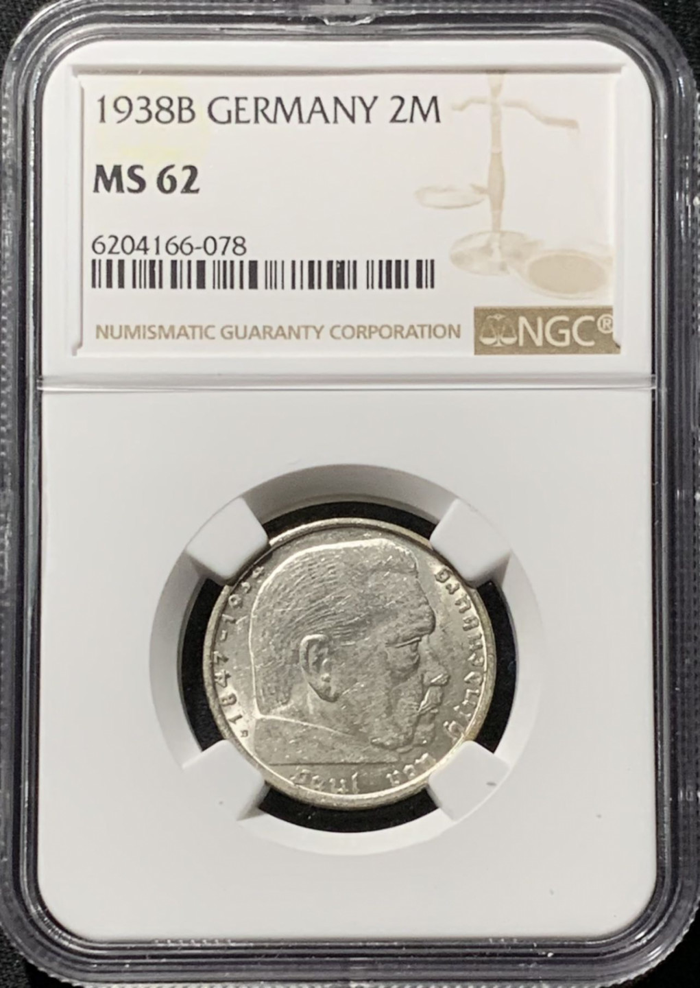 紫瑗钱币——第164期拍卖 德国 1938年 B版 兴登堡 字符版 2马克 银币 NGC MS62