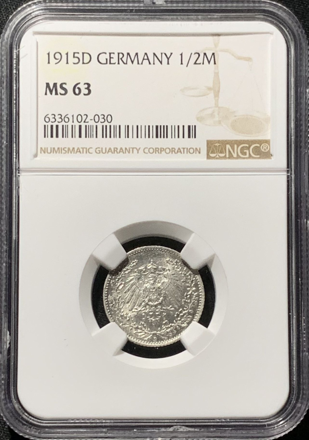 紫瑗钱币——第164期拍卖 德国 1915年 D版 第二帝国 1/2马克 银币 NGC MS63