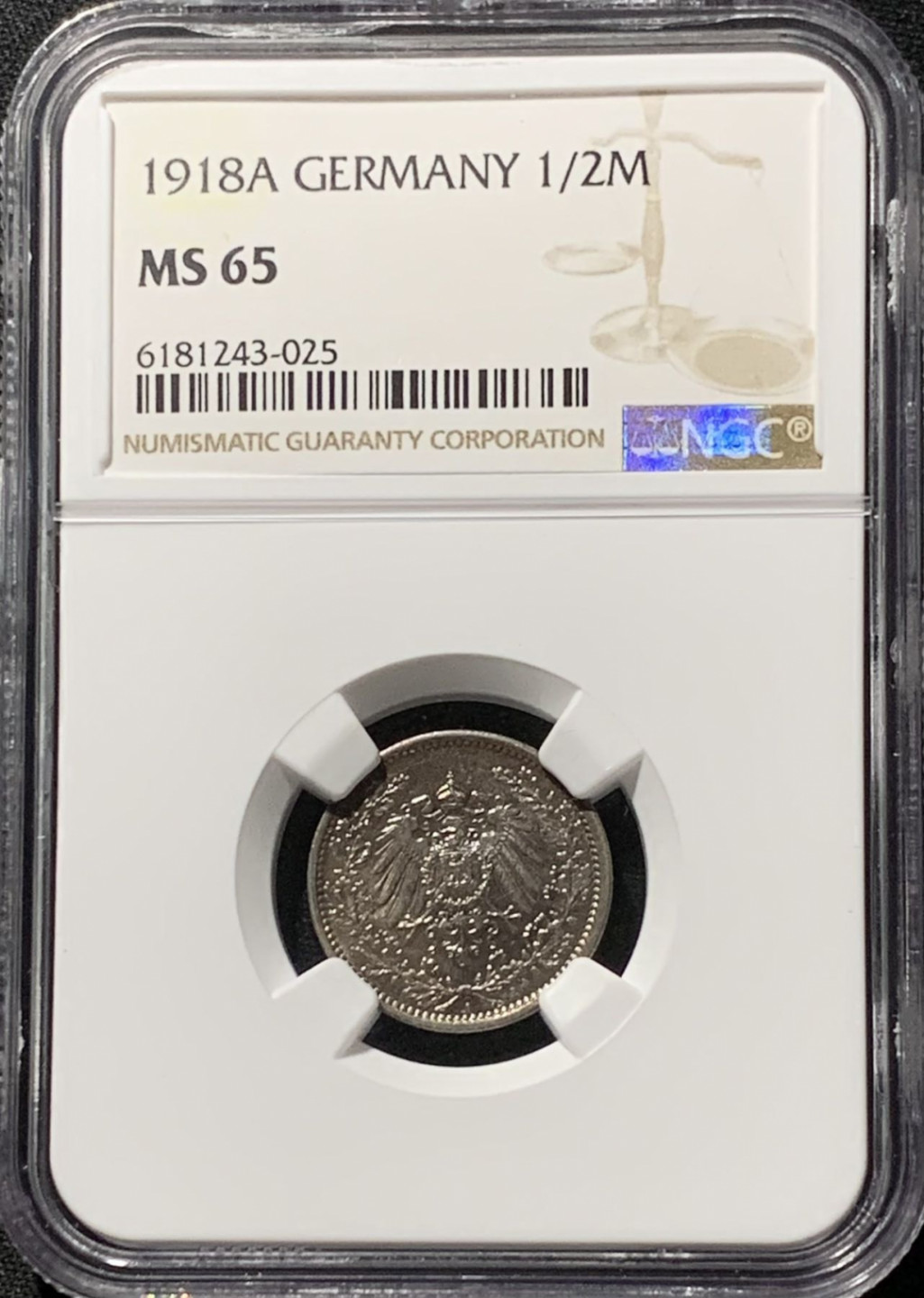 紫瑗钱币——第164期拍卖 德国 1918年 A版 第二帝国 1/2马克 银币 NGC MS65