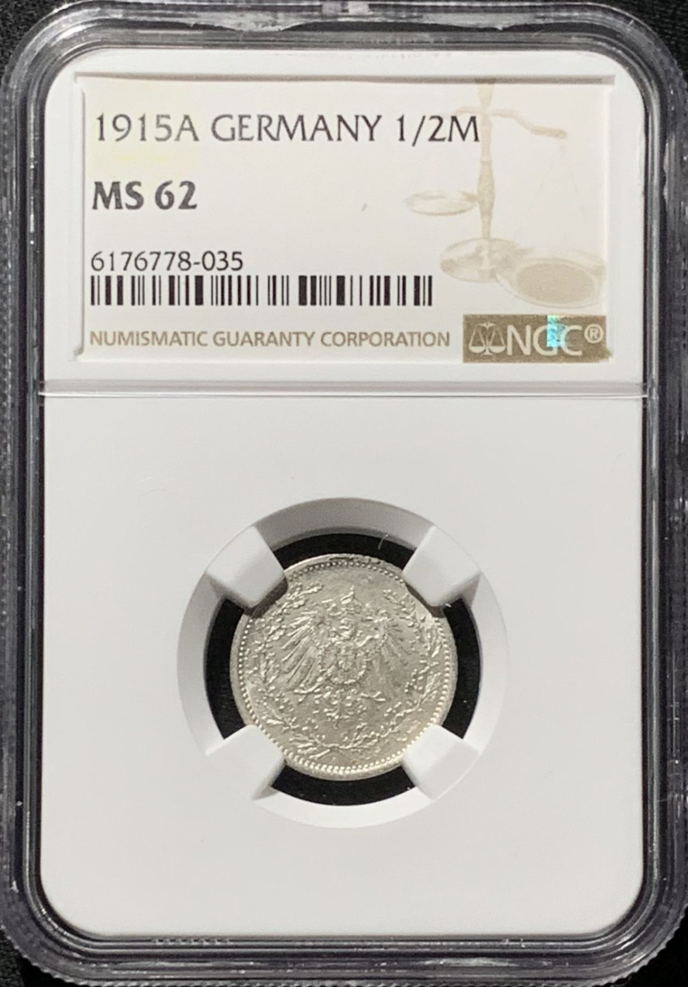 紫瑗钱币——第164期拍卖 德国 1915年 A版 第二帝国 1/2马克 银币 NGC MS62