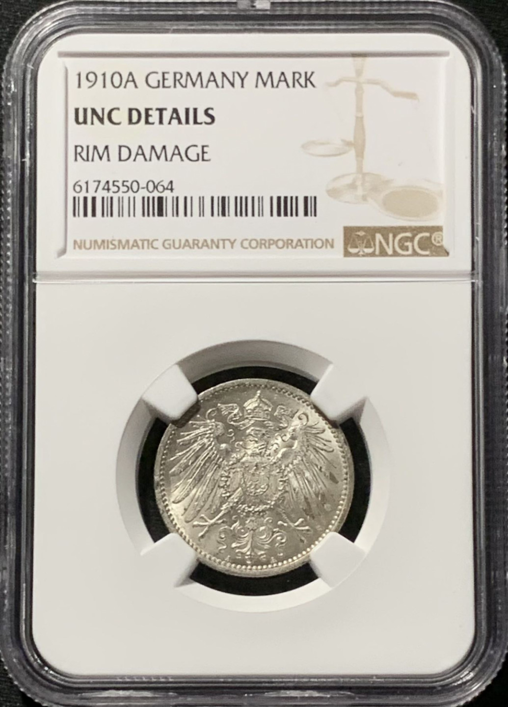 紫瑗钱币——第164期拍卖 德国 1910年 A版 第二帝国 长翅 1马克 银币 NGC UNC Detail