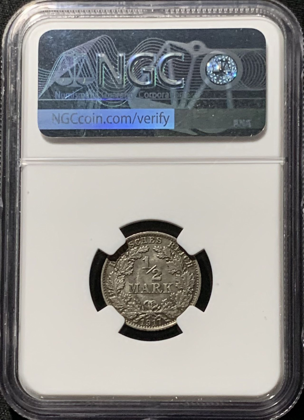 紫瑗钱币——第164期拍卖 德国 1917年 A版 第二帝国 1/2马克 银币 NGC MS62 漆黑包浆