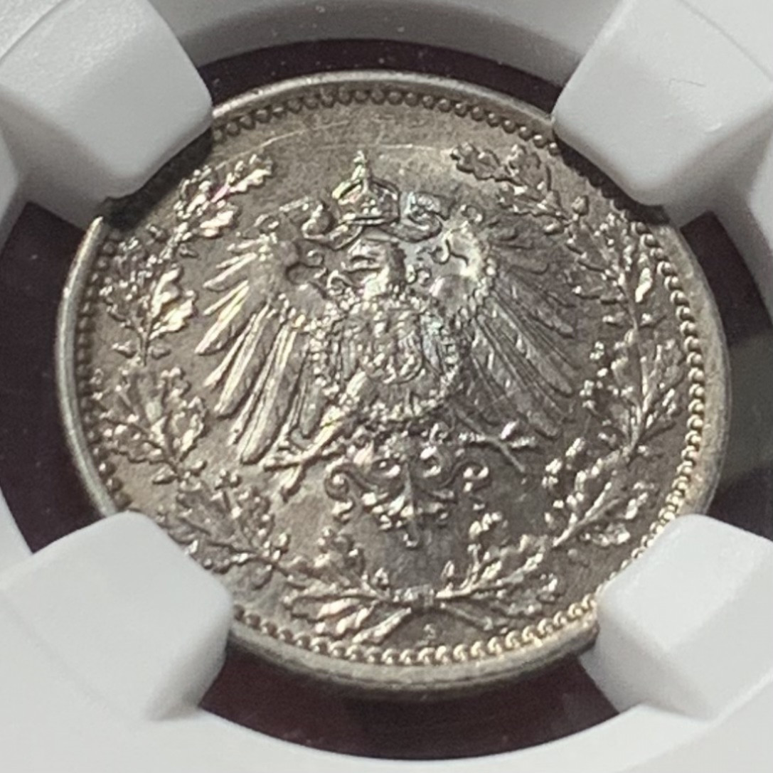 紫瑗钱币——第164期拍卖 德国 1918年 A版 第二帝国 1/2马克 银币 NGC MS65