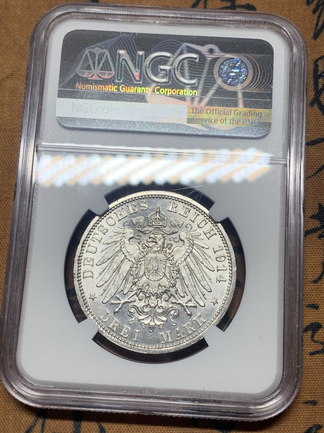 《竞宝斋》钱币微拍-第26场 元旦特刊（全场顺丰包邮） NGC-MS63 德国安哈特 1914-A年 德绍结婚纪念 3马克 原光银币